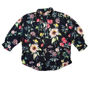 Zara Woman Floral Button-Up Blouse - Black Multi Color, Size XS